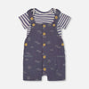 Printed Organic Cotton Onesie & Muslin Shortall Set Navy Blue Paper Boats