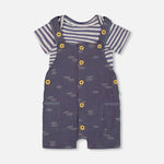 Printed Organic Cotton Onesie & Muslin Shortall Set Navy Blue Paper Boats