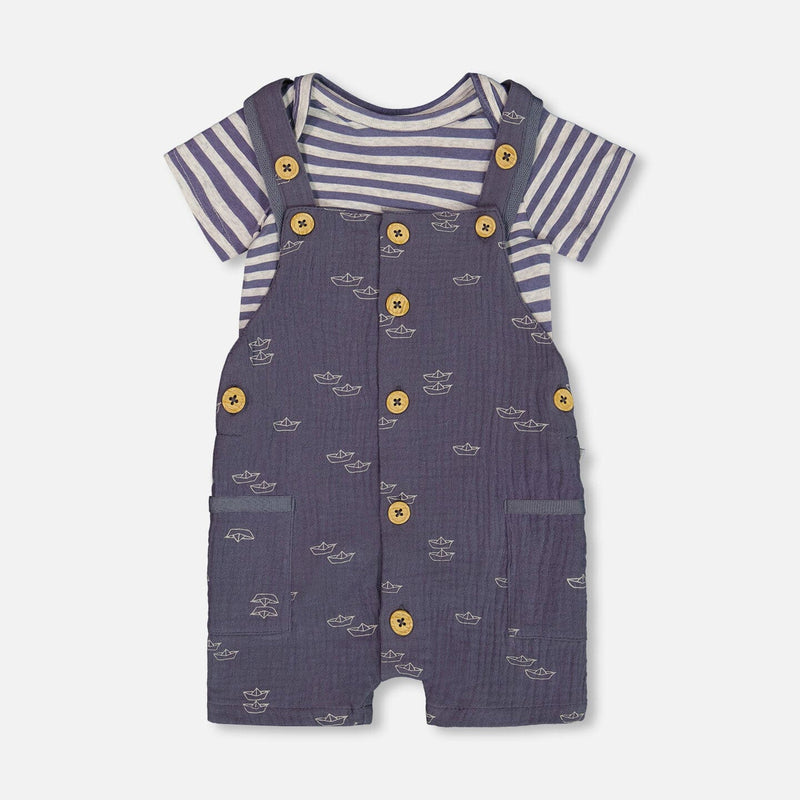 Printed Organic Cotton Onesie & Muslin Shortall Set Navy Blue Paper Boats