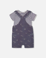 Printed Organic Cotton Onesie & Muslin Shortall Set Navy Blue Paper Boats