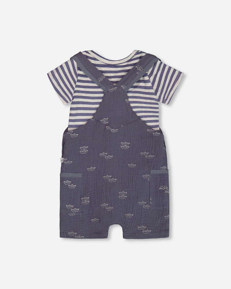 Printed Organic Cotton Onesie & Muslin Shortall Set Navy Blue Paper Boats