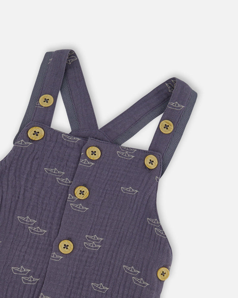 Printed Organic Cotton Onesie & Muslin Shortall Set Navy Blue Paper Boats