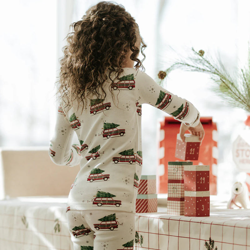 Festive Cars Print on Off-White PJ Set